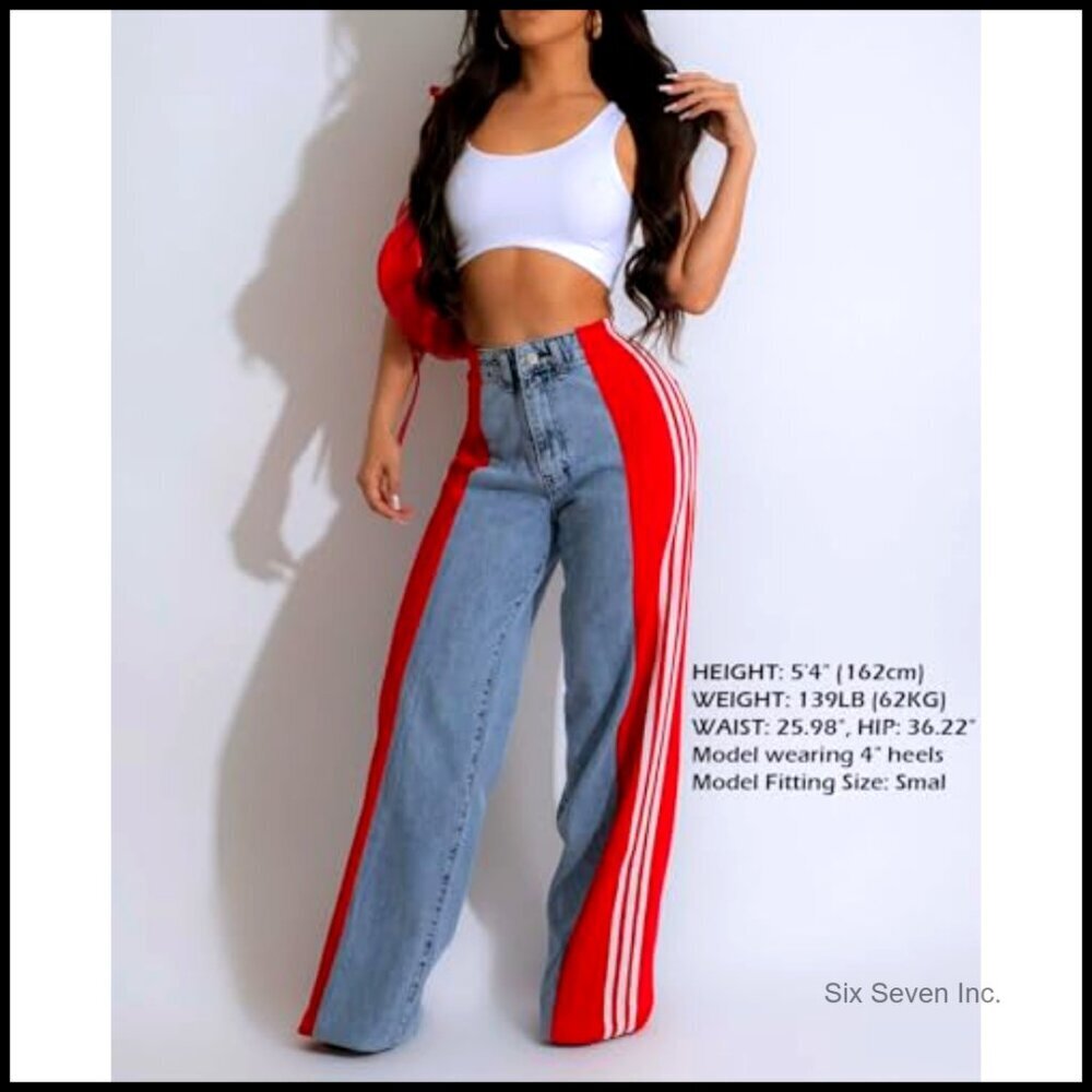 High Waisted Wide Leg Patchwork Stretch Jeans Y2K Retro Loose Fit - Picture 4 of 7